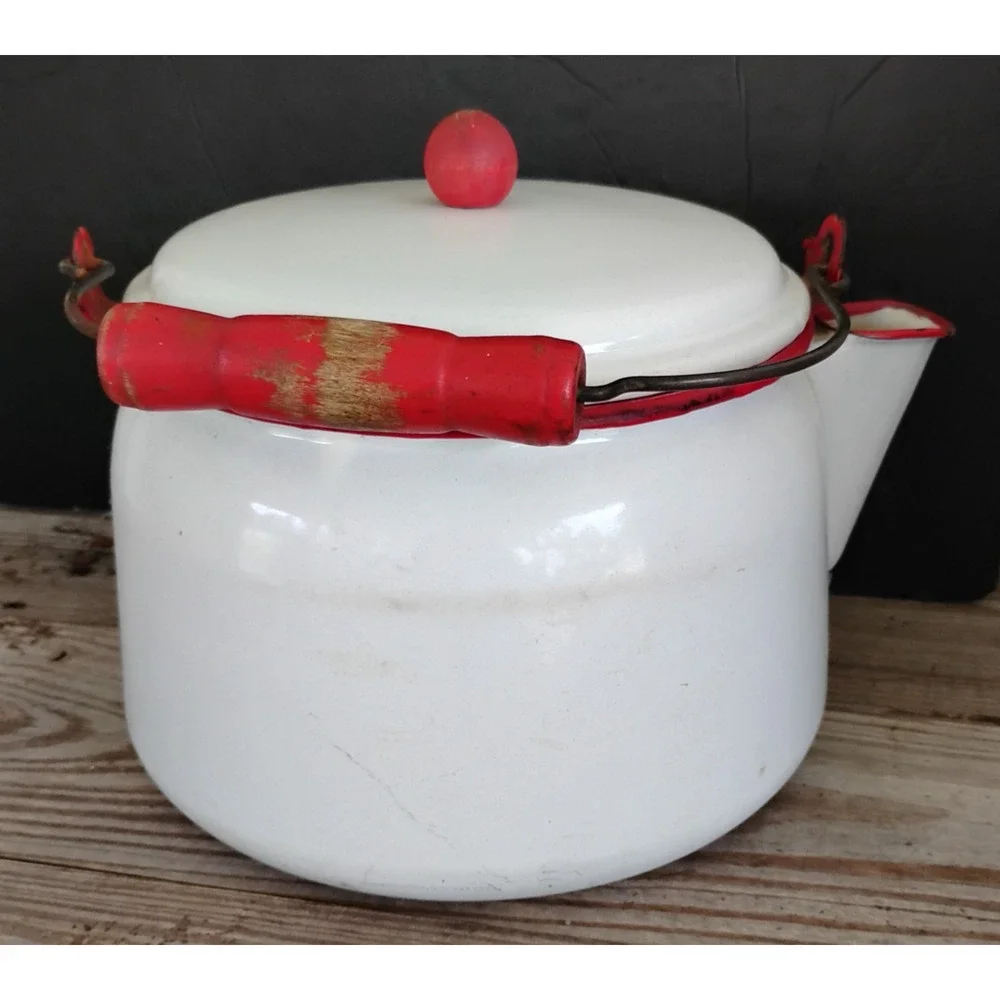 🏕️🚙Enamelware Kettle Coffee Pot White Red Wood Handle Farmhouse Camp Cowboy